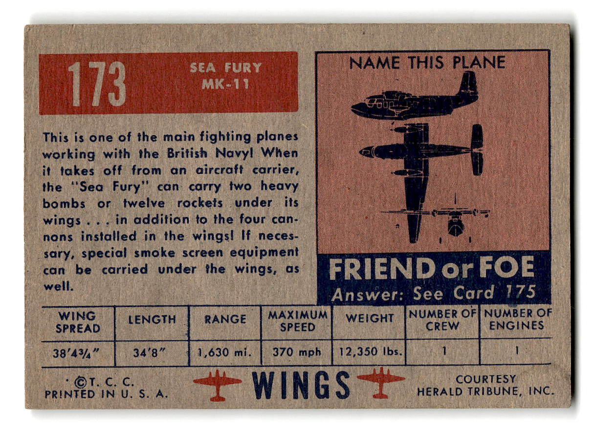 1952 Topps Wings #173 Sea Fury MK-11 British Navy Fighter
