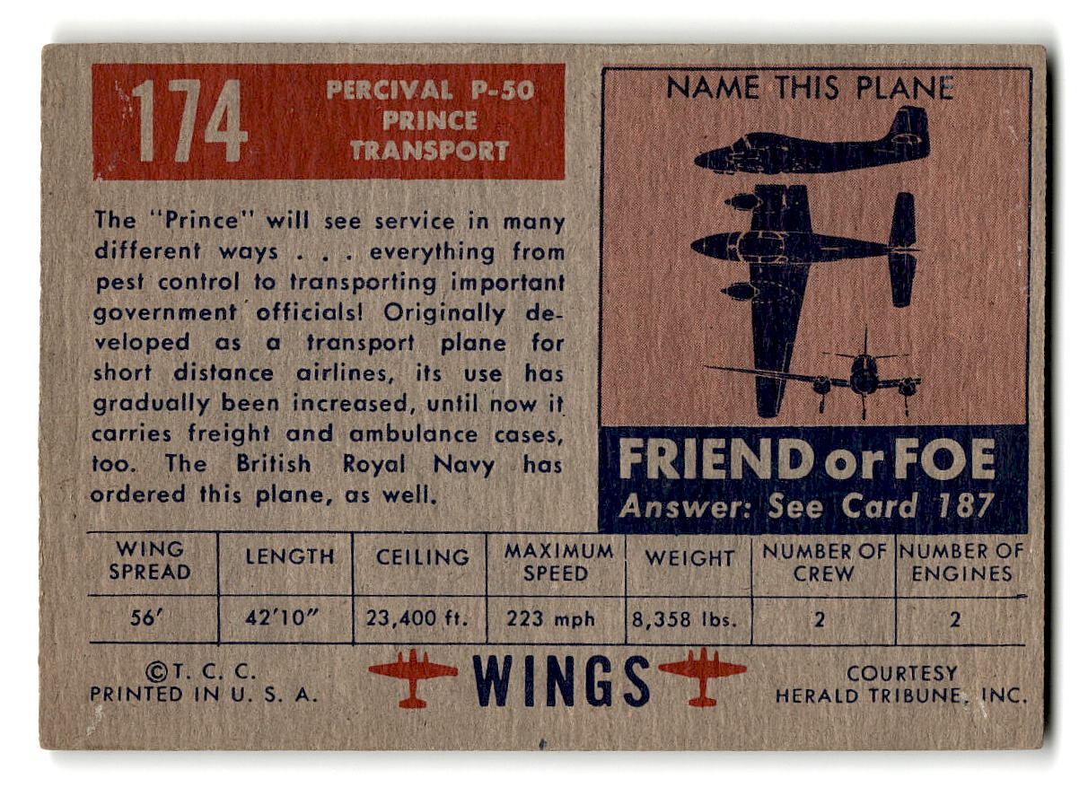 1952 Topps Wings #174 Percival P.50 Prince Transport British Transport Plane