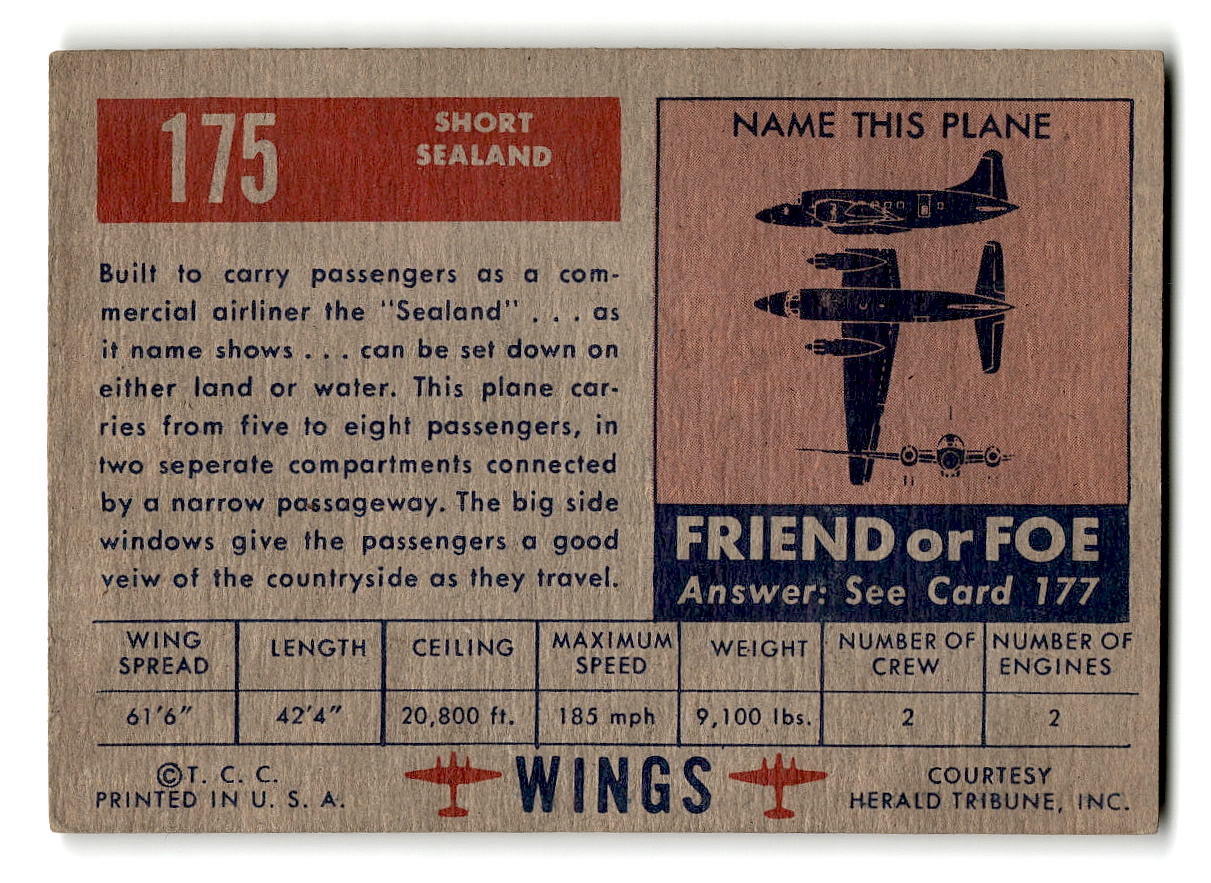 1952 Topps Wings #175 Short Sealand British Amphibian