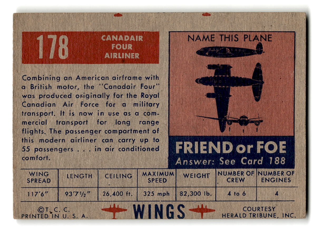 1952 Topps Wings #178 Canadair Four Canadian Transport Plane