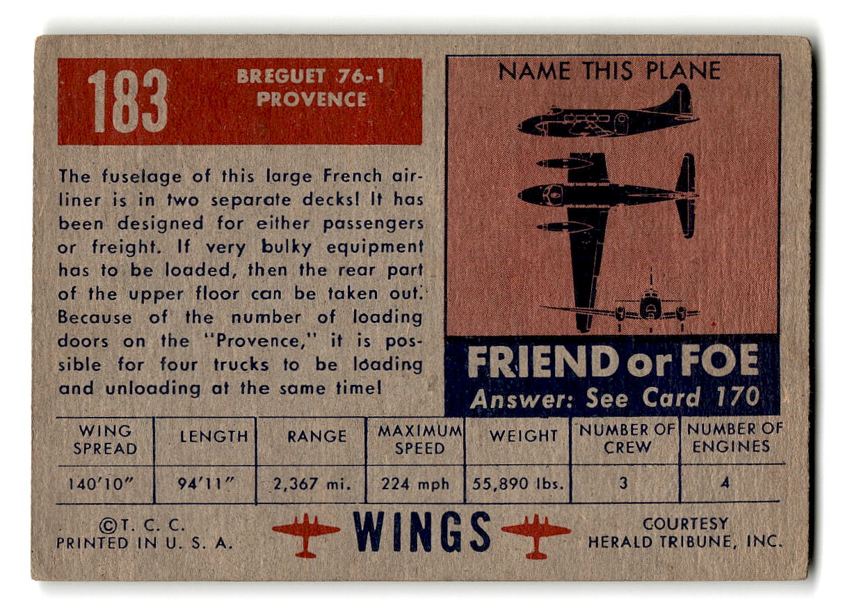 1952 Topps Wings #183 Breguet 76-1 Provence French Transport Plane