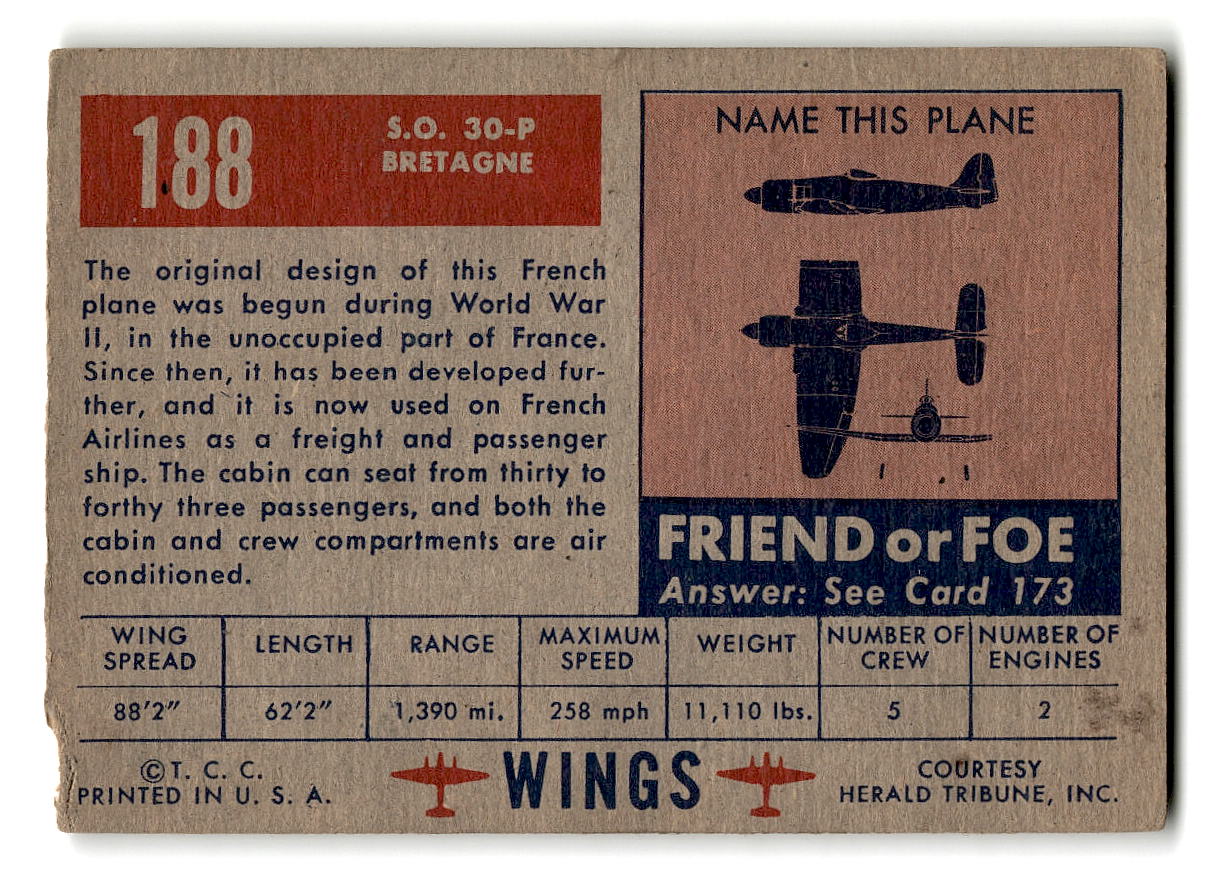 1952 Topps Wings #188 S.O. 30-P Bretagne French Airliner