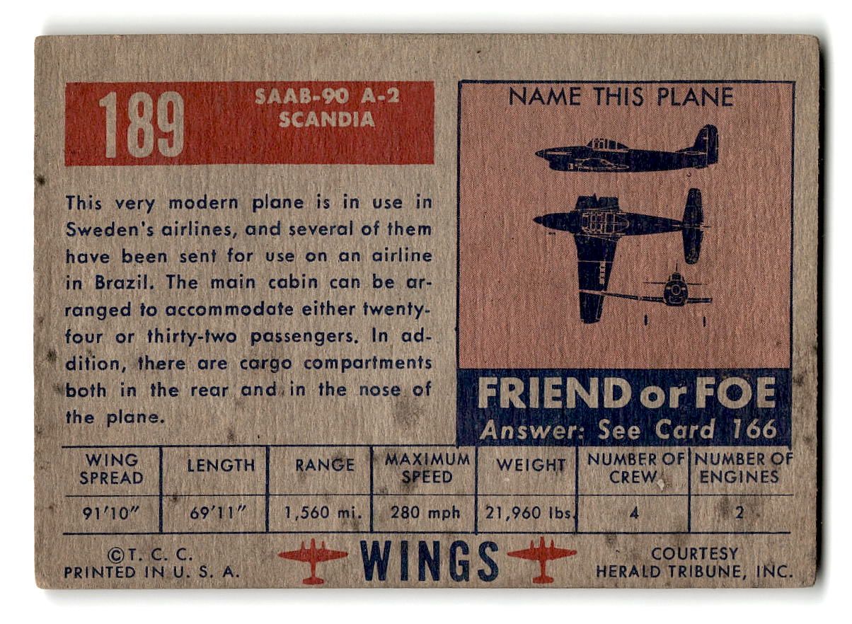 1952 Topps Wings #189 Saab-90 A-2 Scandia Swedish Airliner