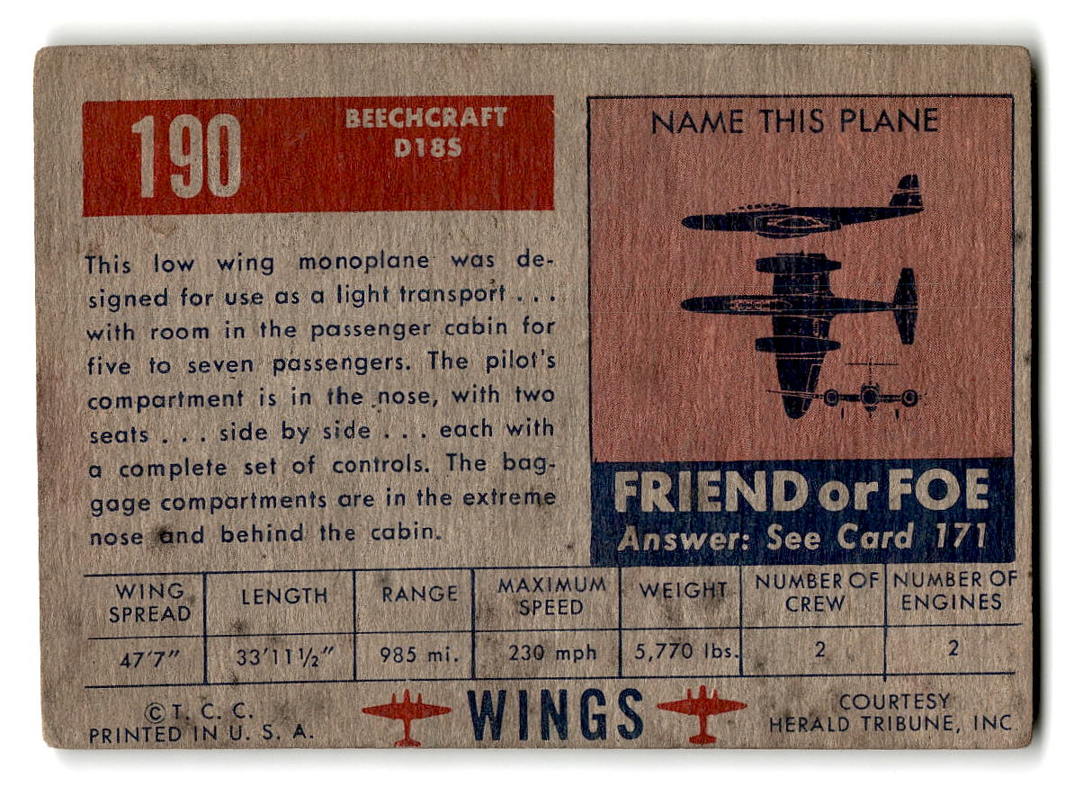 1952 Topps Wings #190 Beechcraft D18S U.S. Light Transport