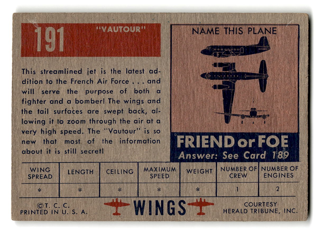 1952 Topps Wings #191 "Vautour" French Jet