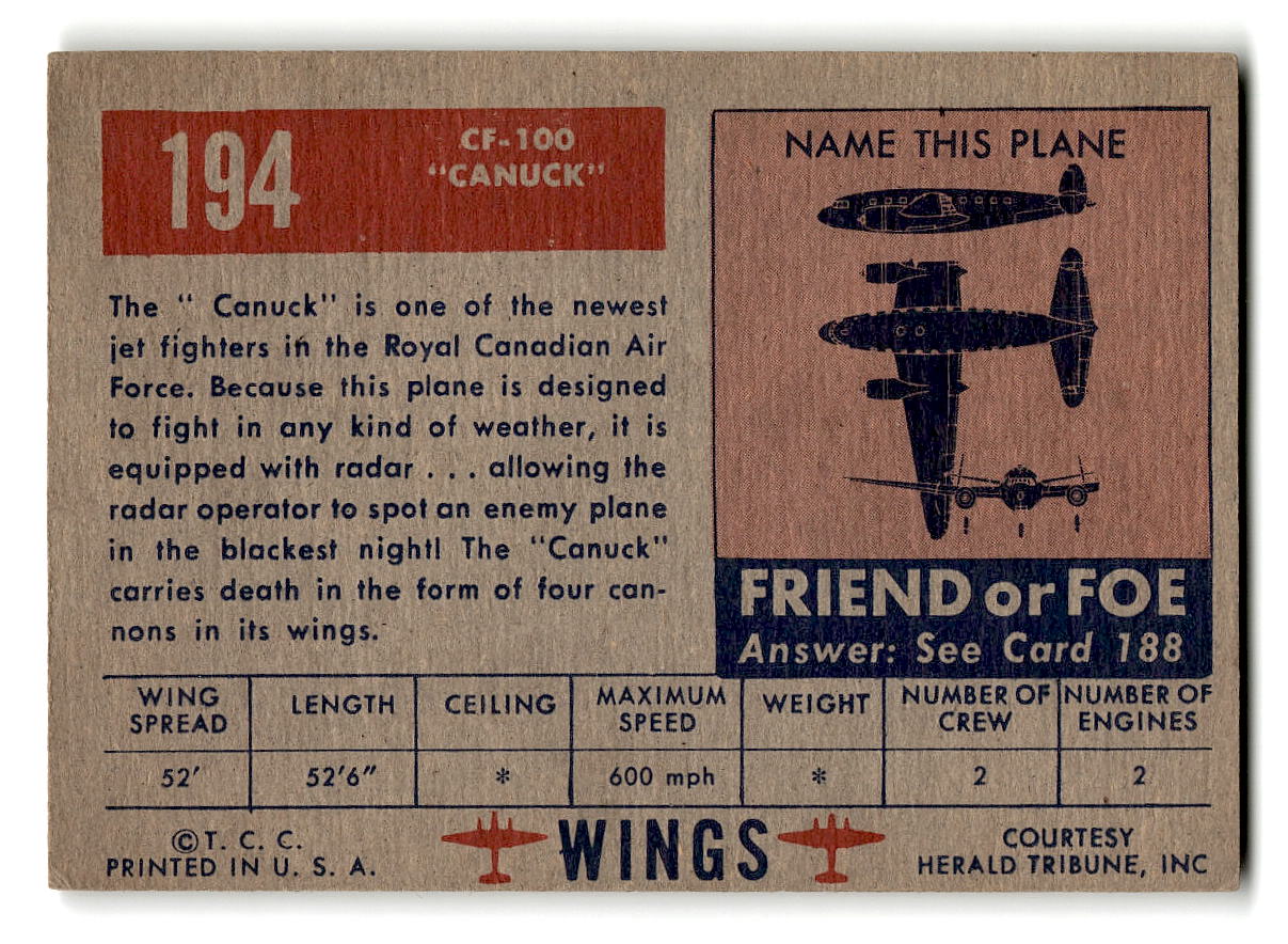 1952 Topps Wings #194 CF-100 "Canuck" Canadian Fighter