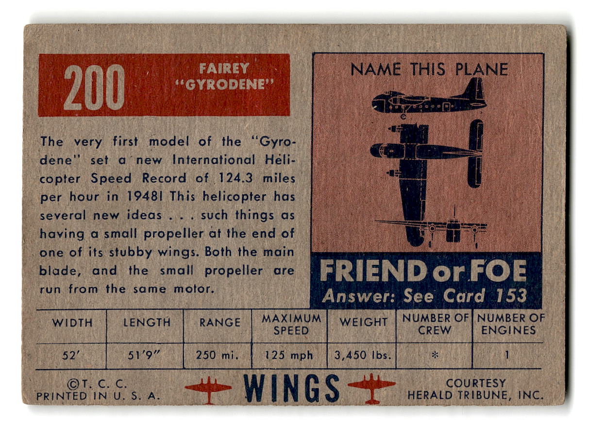 1952 Topps Wings #200 Fairey "Gyrodene" British Helicopter