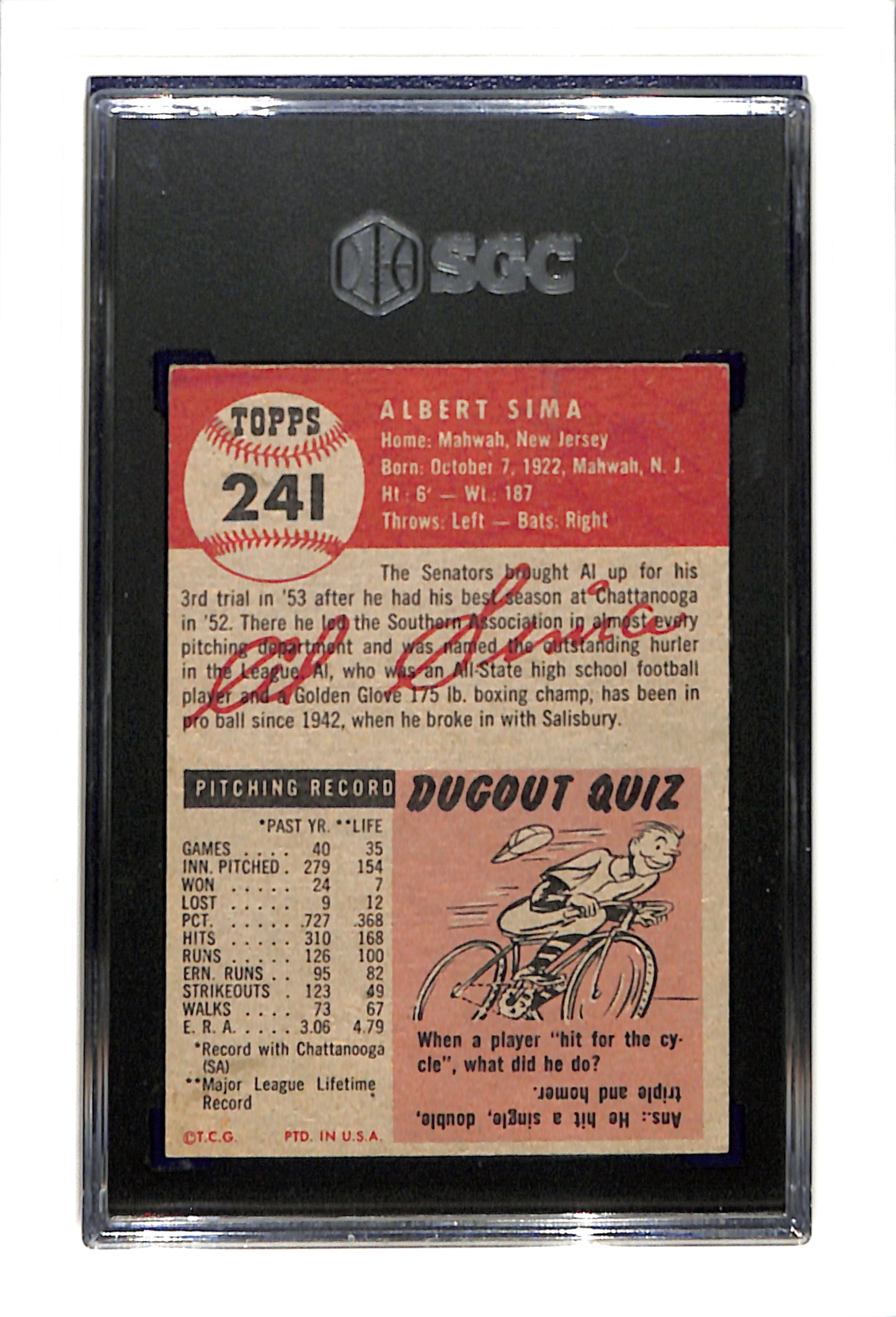 1953 Topps #241 Al Sima SGC 4 High # Senators SN 4997805
