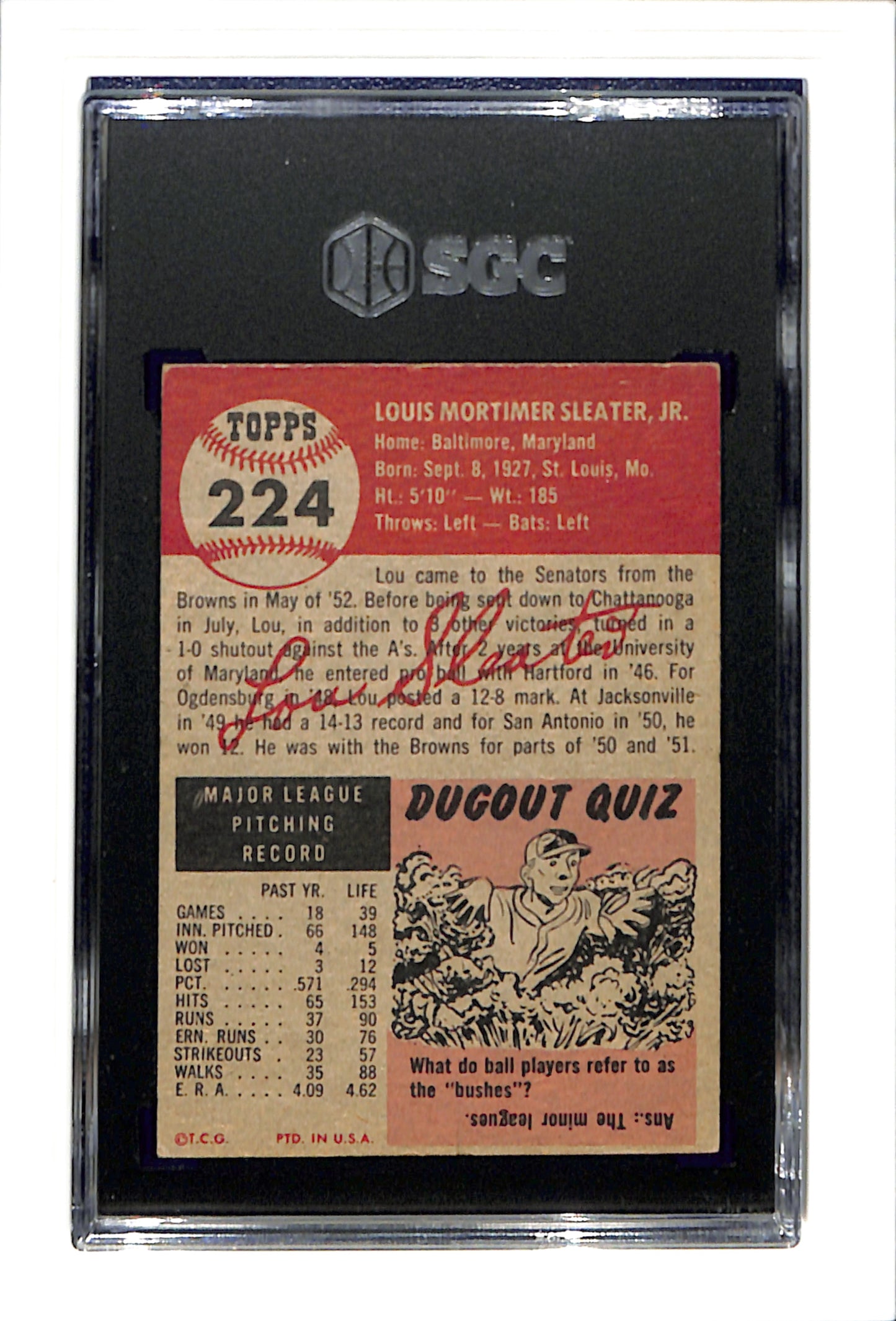 1953 Topps #224 Lou Sleater - Washington Senators DP SGC 4 SN 6752009