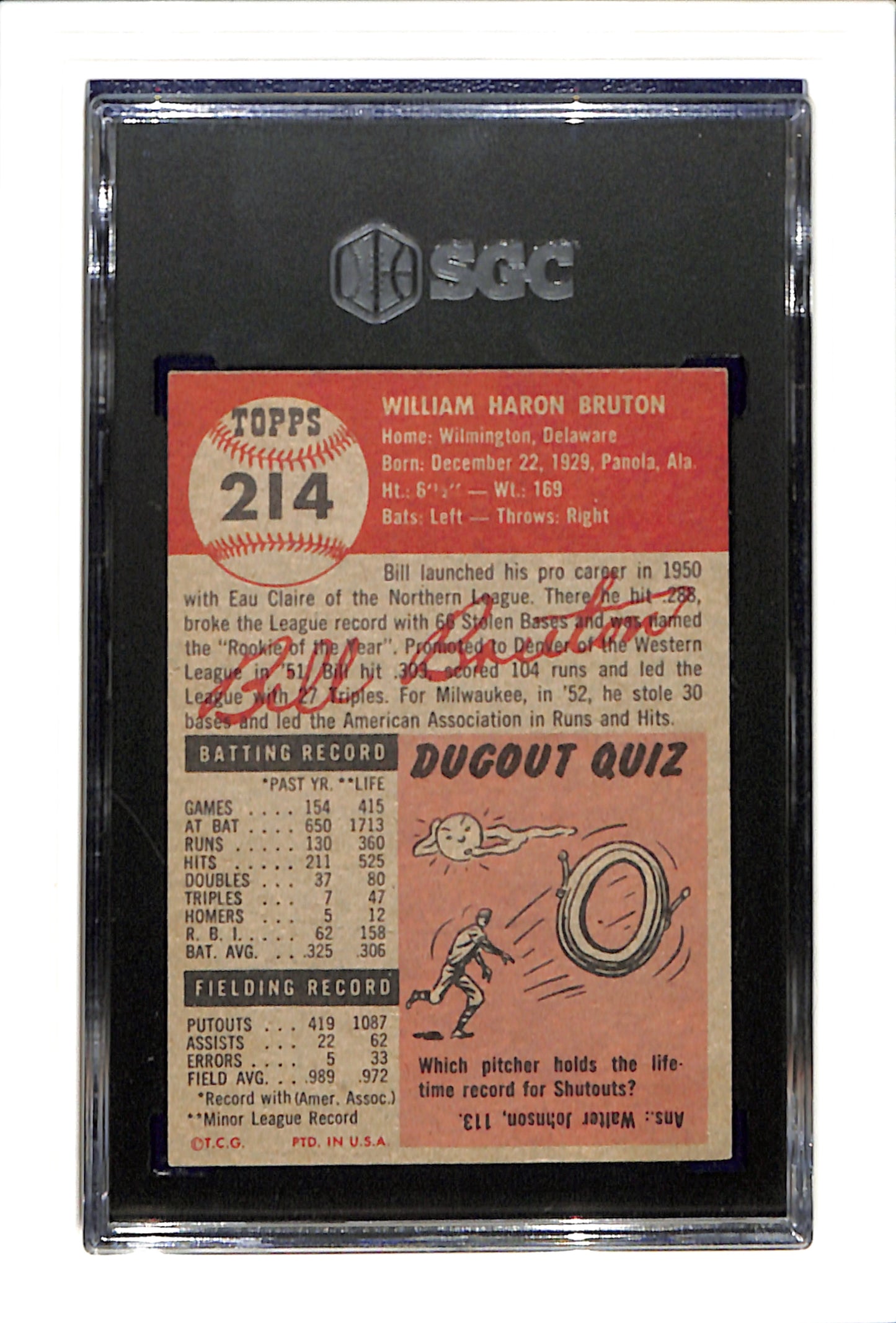 1953 Topps #214 Bill Bruton - Milwaukee Braves RC SGC 6 SN 9666350