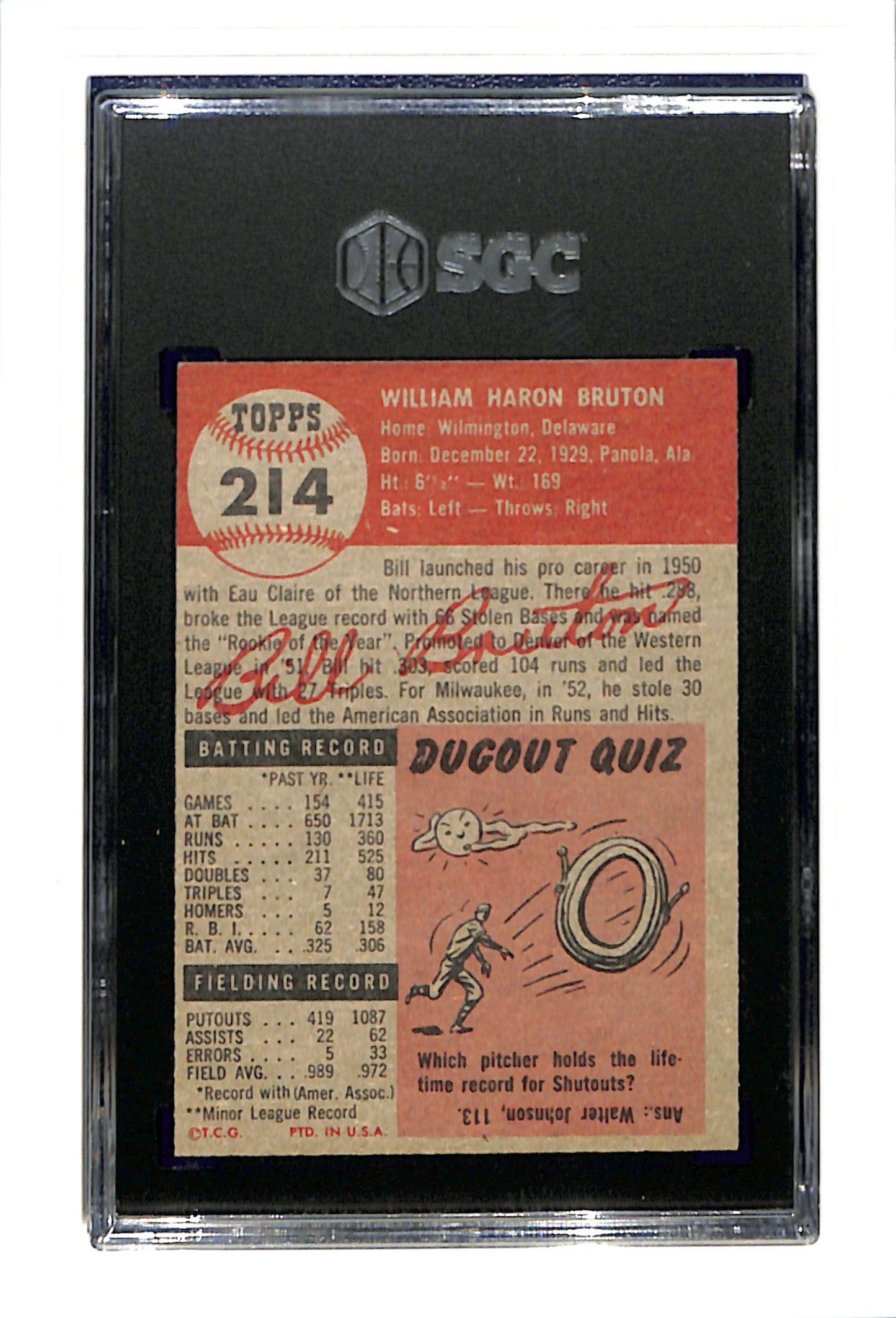 1953 Topps #214 Bill Bruton - Milwaukee Braves RC SGC 5 SN 6341218