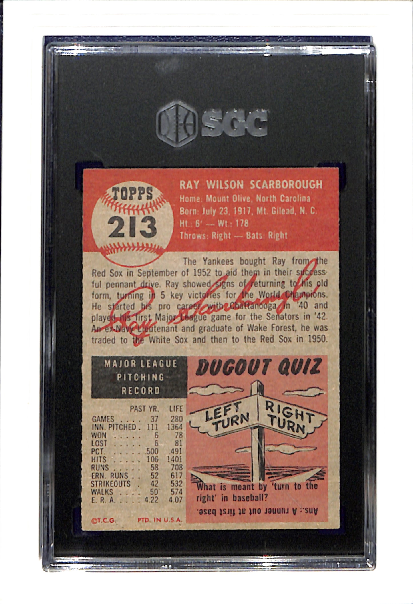 1953 Topps #213 Ray Scarborough - New York Yankees SGC 5 SN 4561268