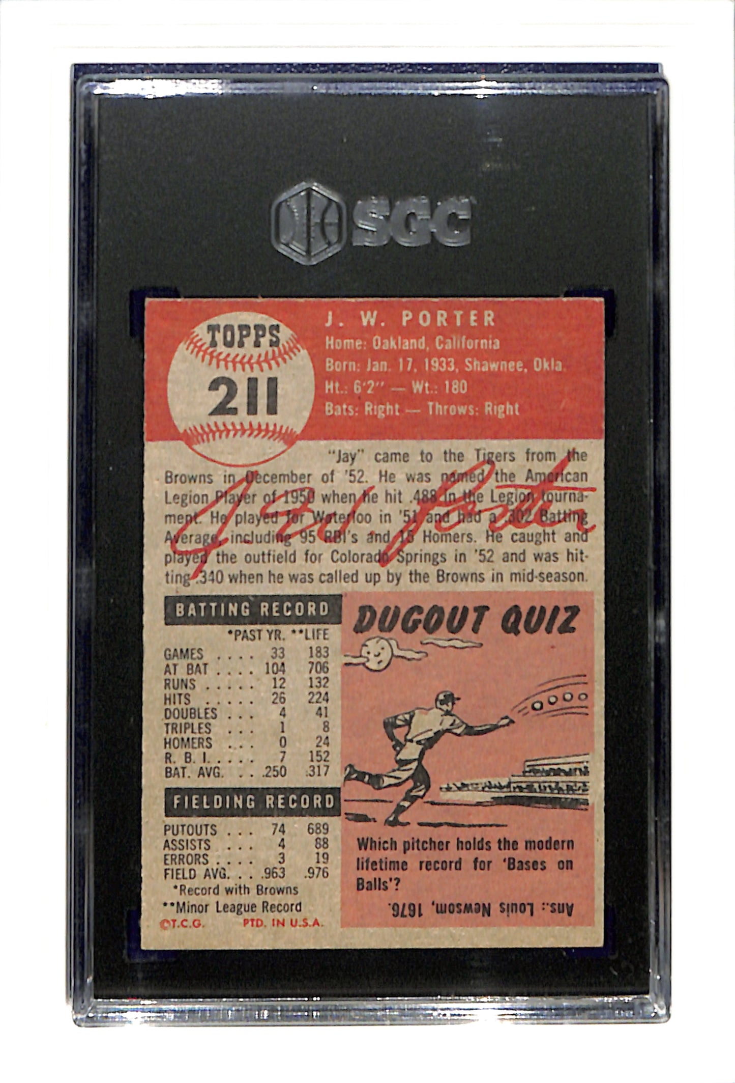 1953 Topps #211 J.W. Porter - Detroit Tigers RC SGC 4 SN 5992510