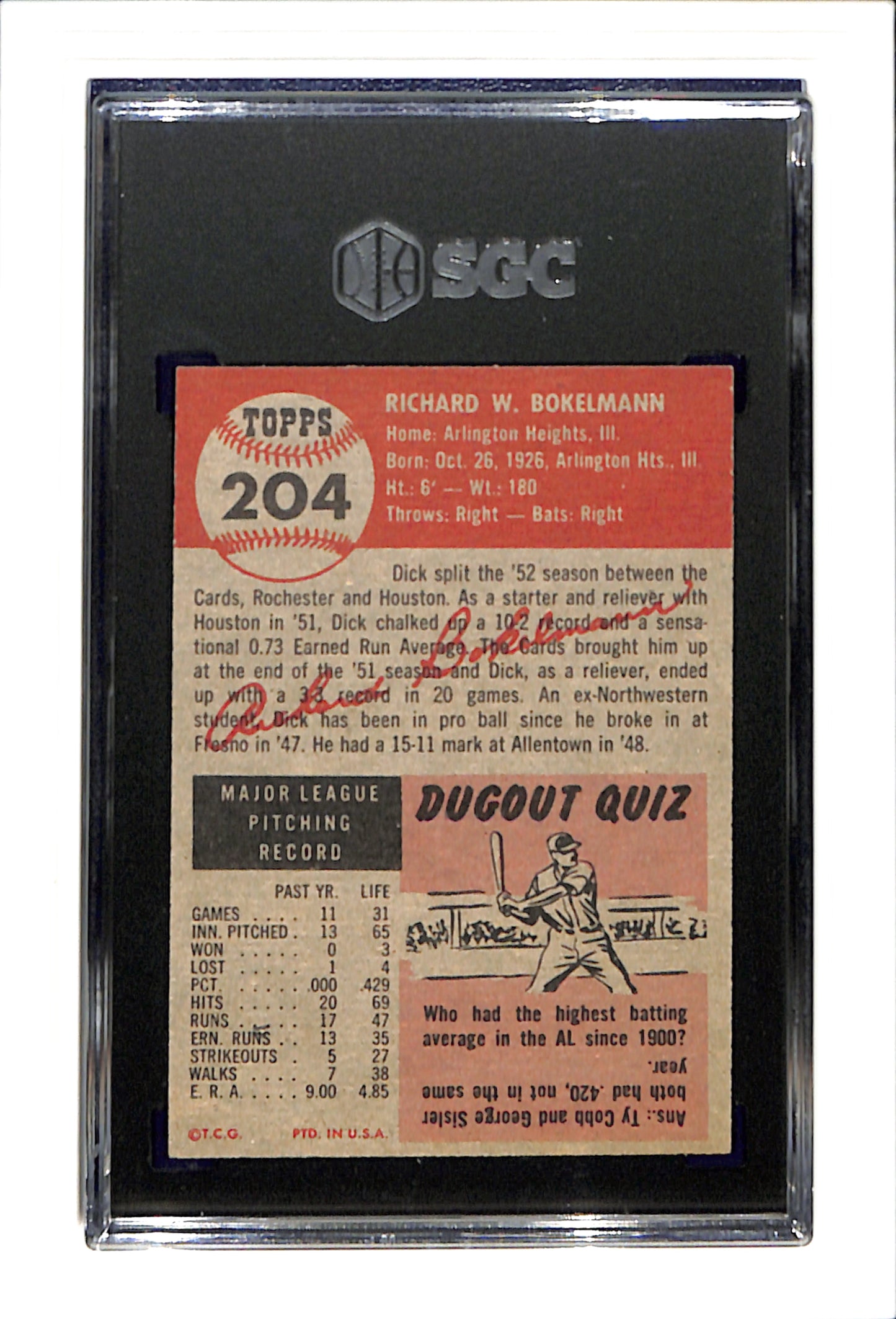 1953 Topps #204 Dick Bokelmann - St. Louis Cardinals RC SGC 4 SN 1226179