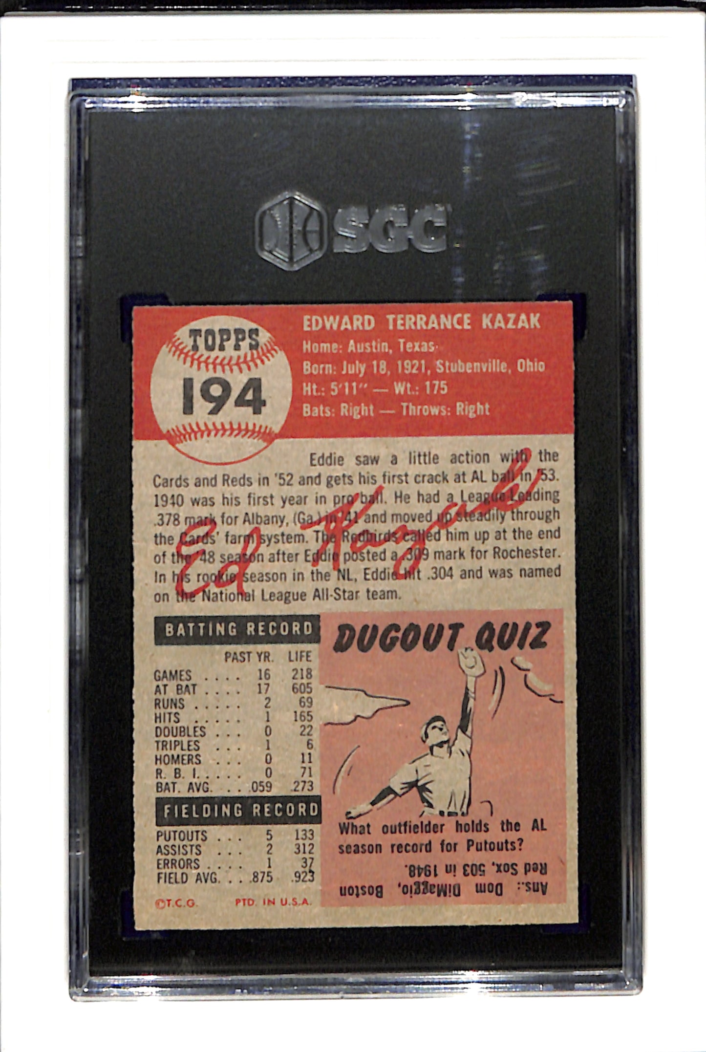 1953 Topps #194 Eddie Kazak - Detroit Tigers SGC 2 SN 0543732