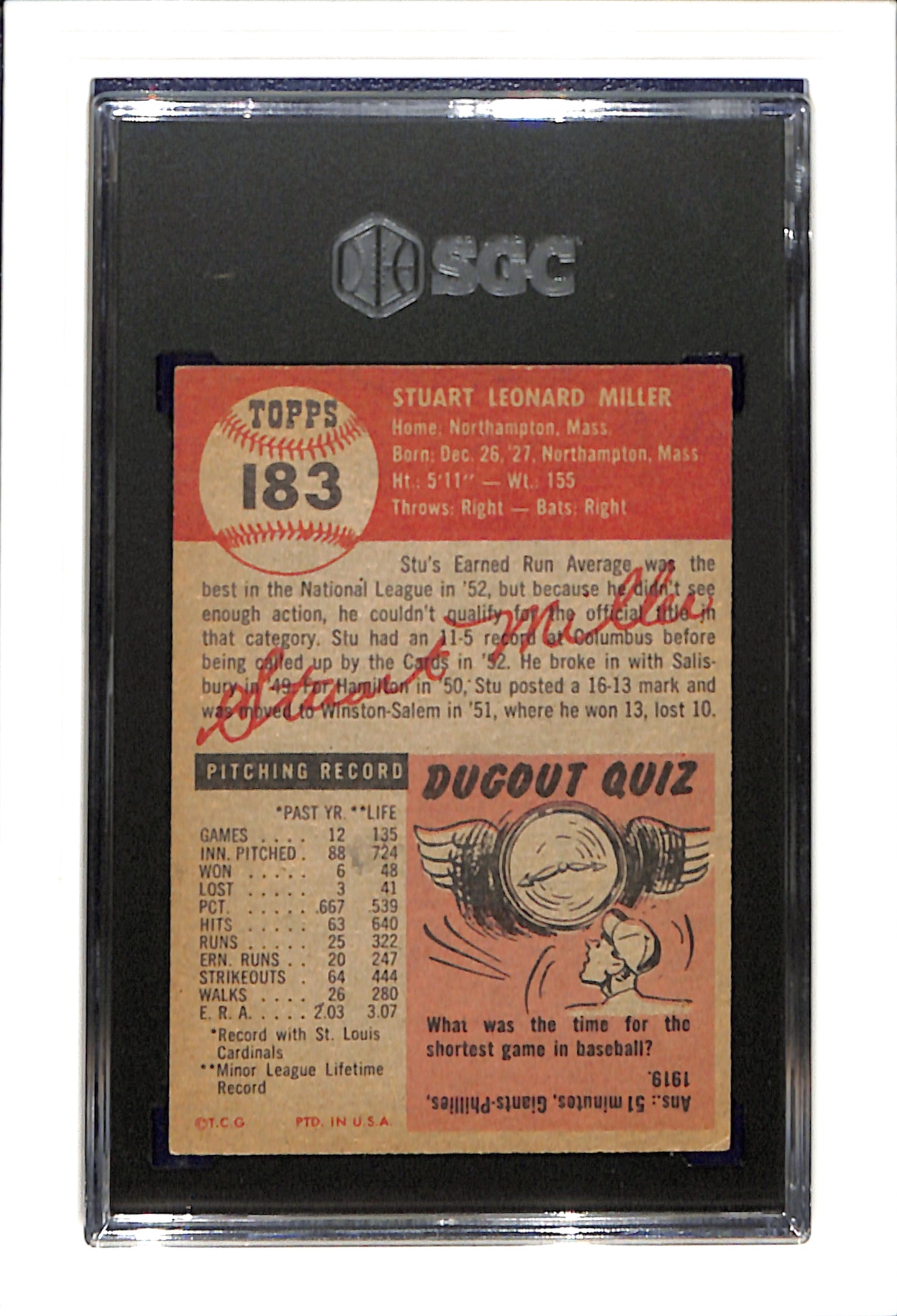 1953 Topps #183 Stu Miller - St. Louis Cardinals RC SGC 5.5 SN 8361750
