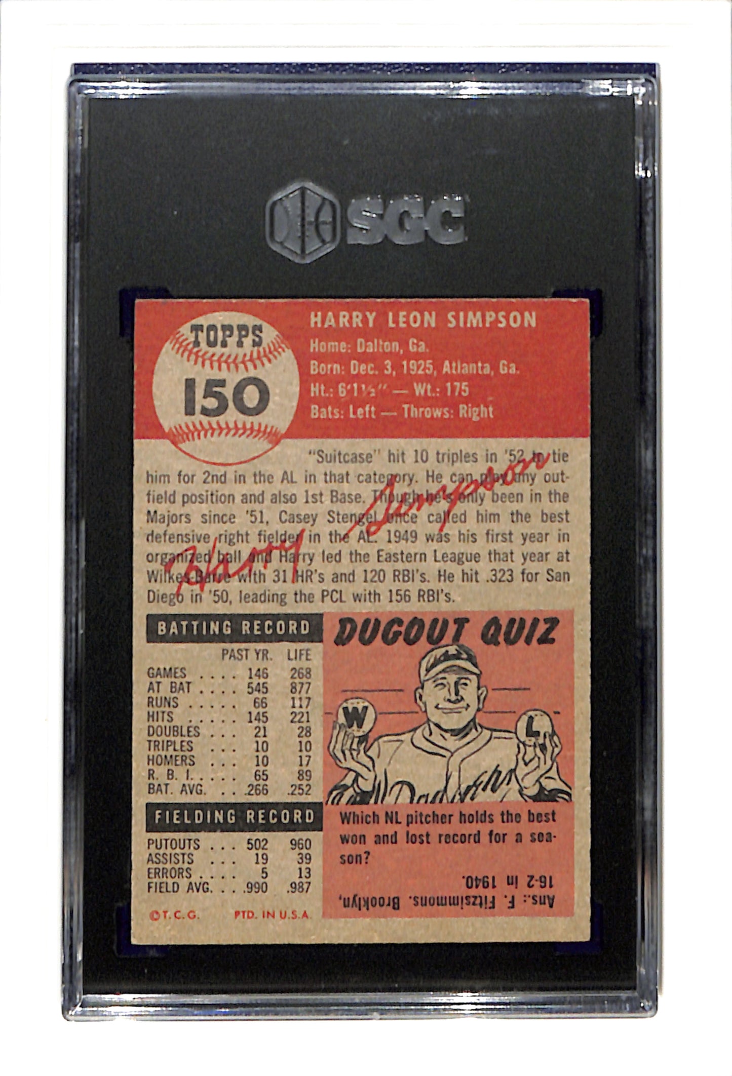 1953 Topps #150 Harry Simpson - Cleveland Indians DP SGC 6 SN 2578264
