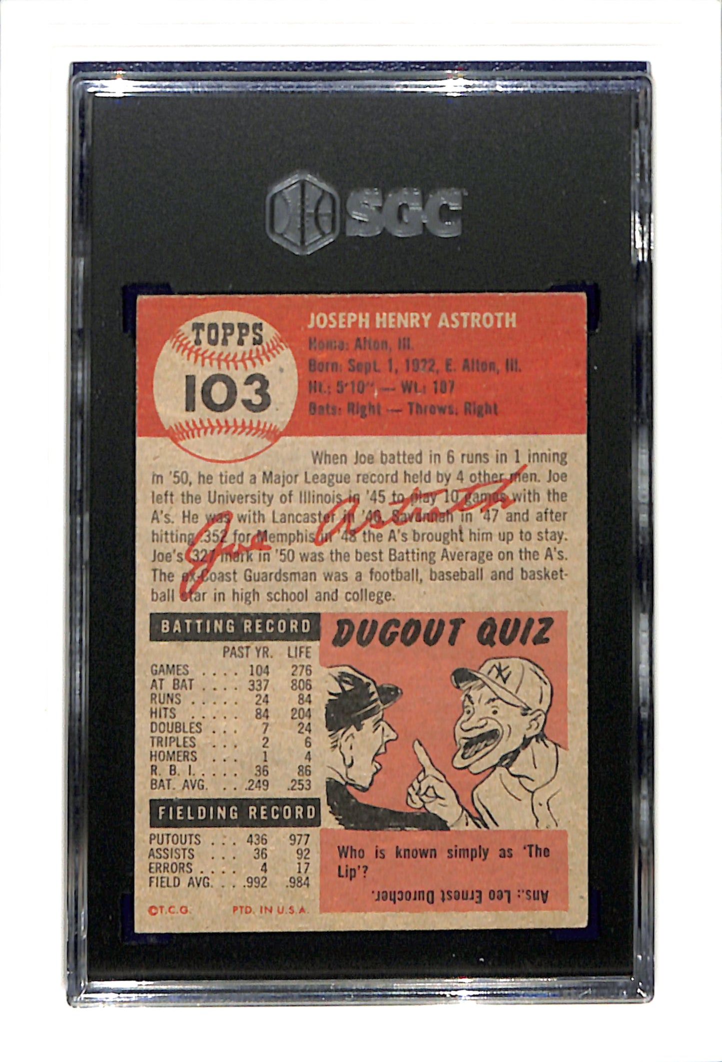 1953 Topps #103 Joe Astroth - Philadelphia Athletics SGC 5 SN 3473656