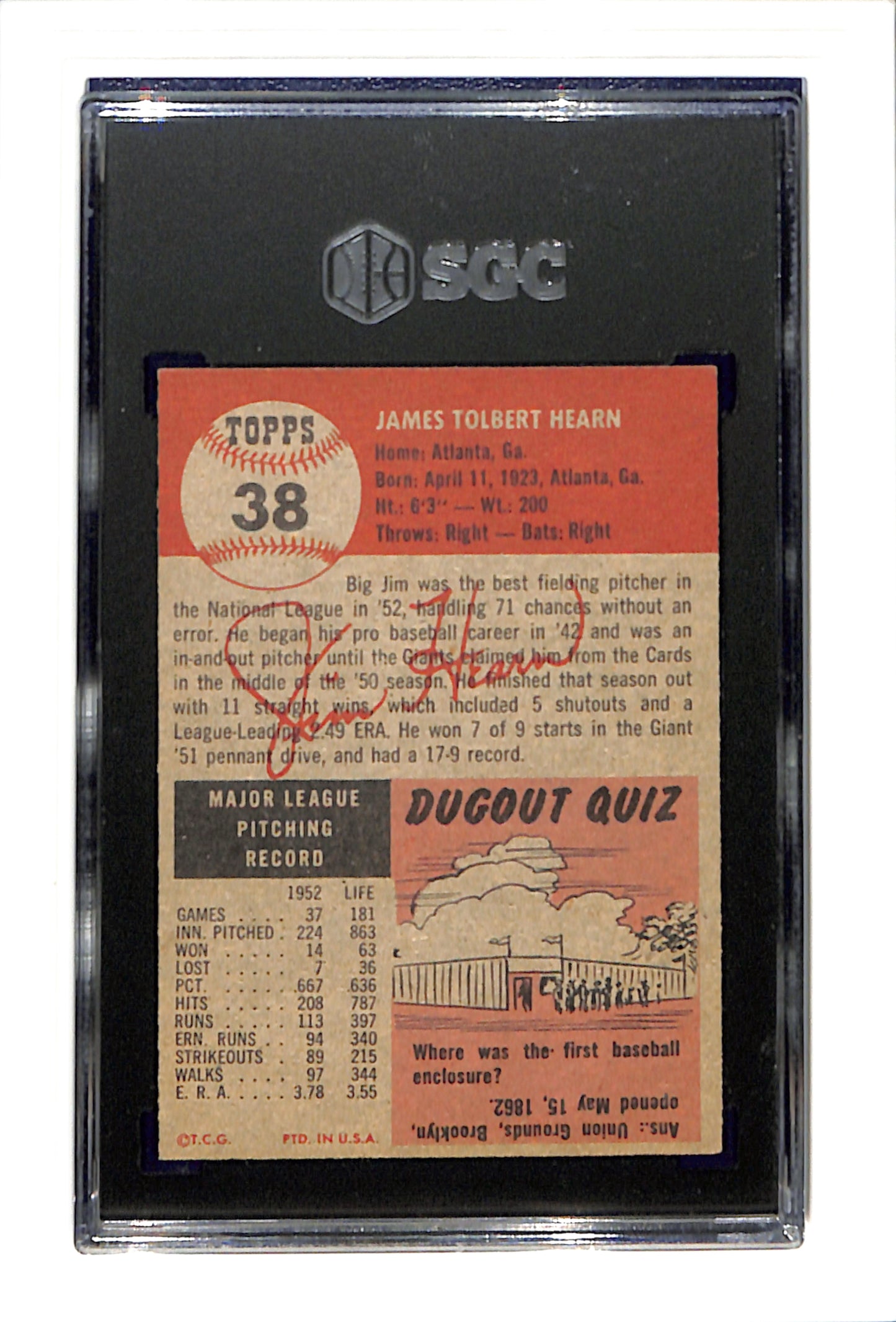 1953 Topps #38 Jim Hearn - New York Giants DP SGC 5 SN 7223117