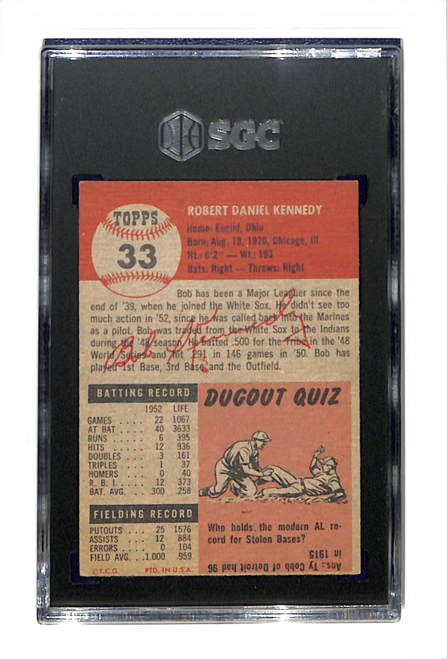 1953 Topps #33 Bob Kennedy - Cleveland Indians DP SGC 5 SN 7261994