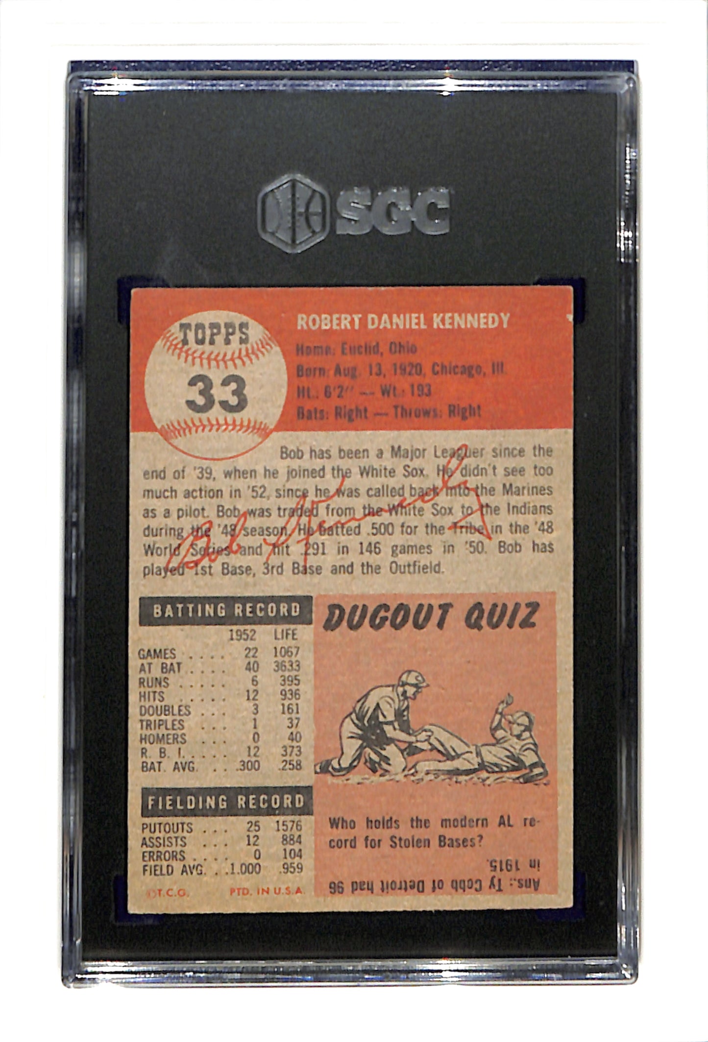 1953 Topps #33 Bob Kennedy - Cleveland Indians DP SGC 4 SN 8128359