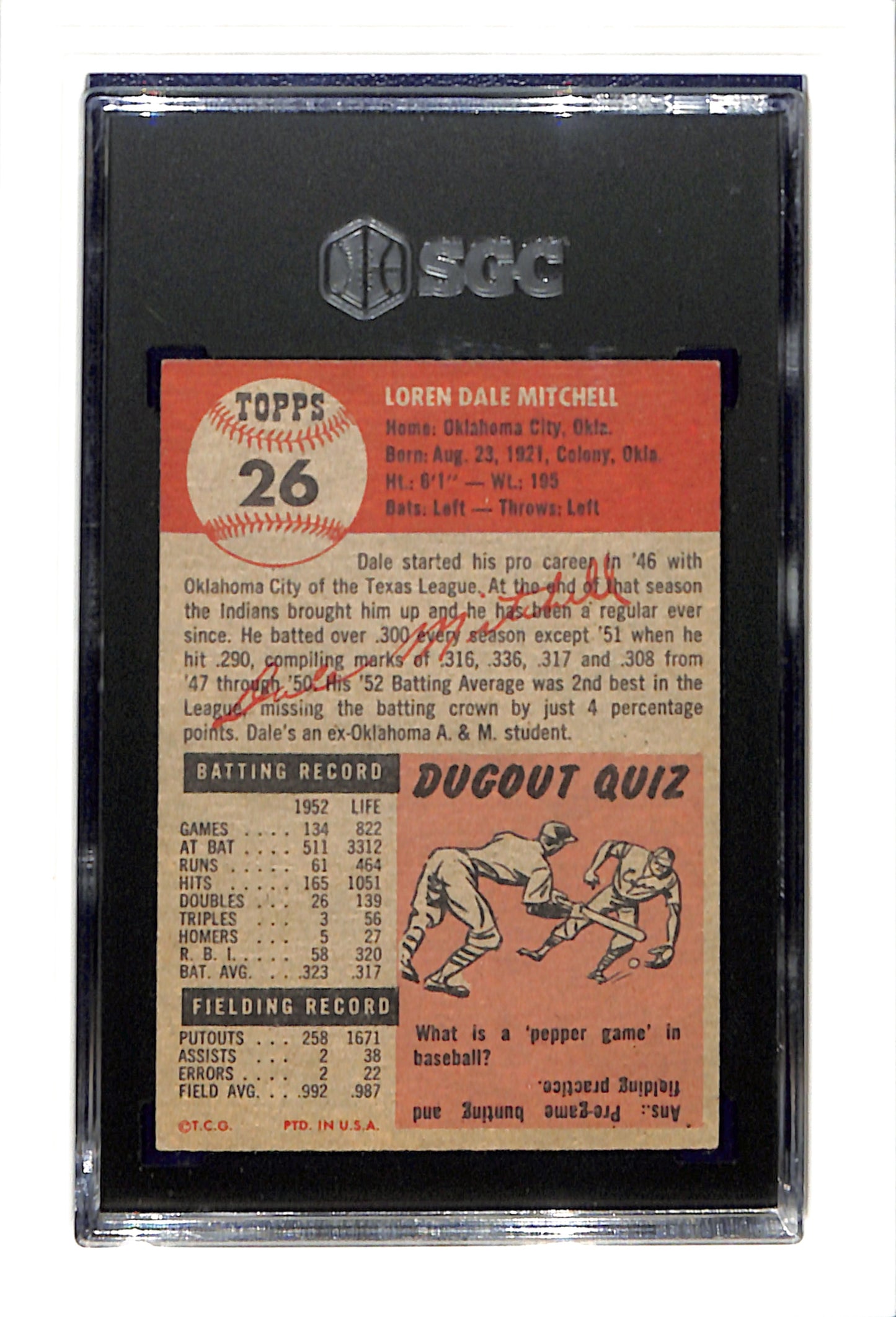 1953 Topps #26 Dale Mitchell - Cleveland Indians DP SGC 5.5 SN 3849034