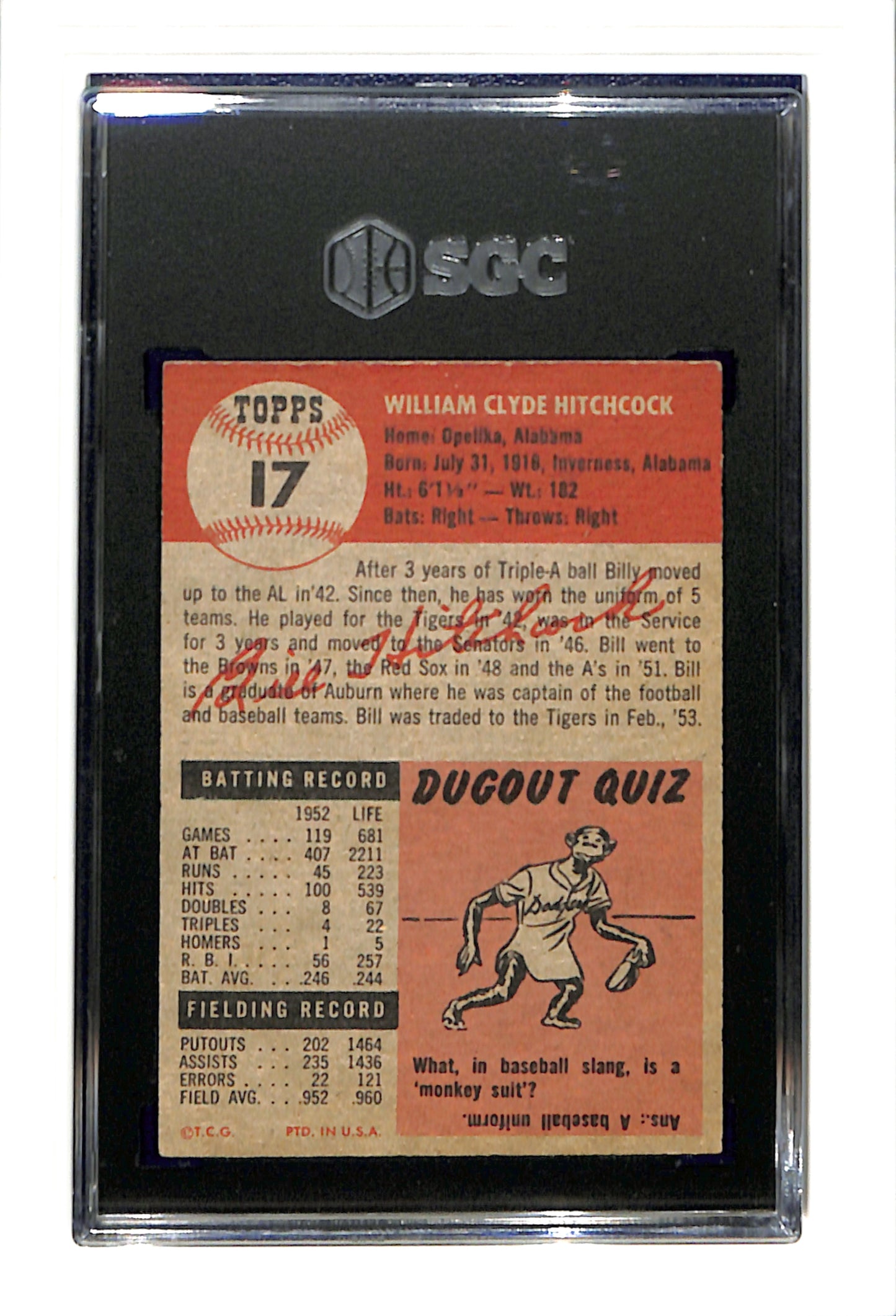 1953 Topps #17 Billy Hitchcock - Philadelphia Athletics SGC 4 SN 3884212
