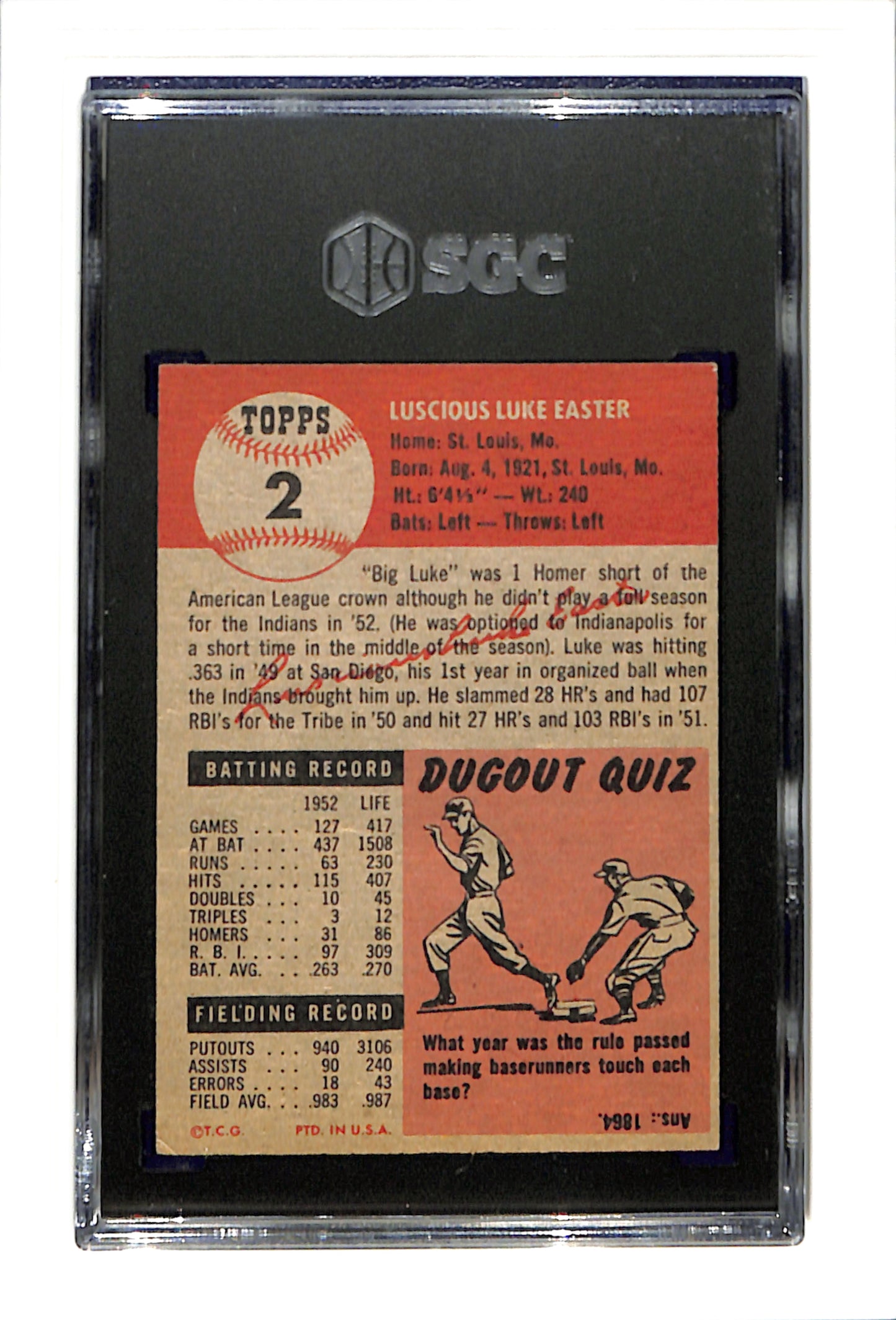 1953 Topps #2 Luke Easter - Cleveland Indians DP SGC 5 SN 7417983