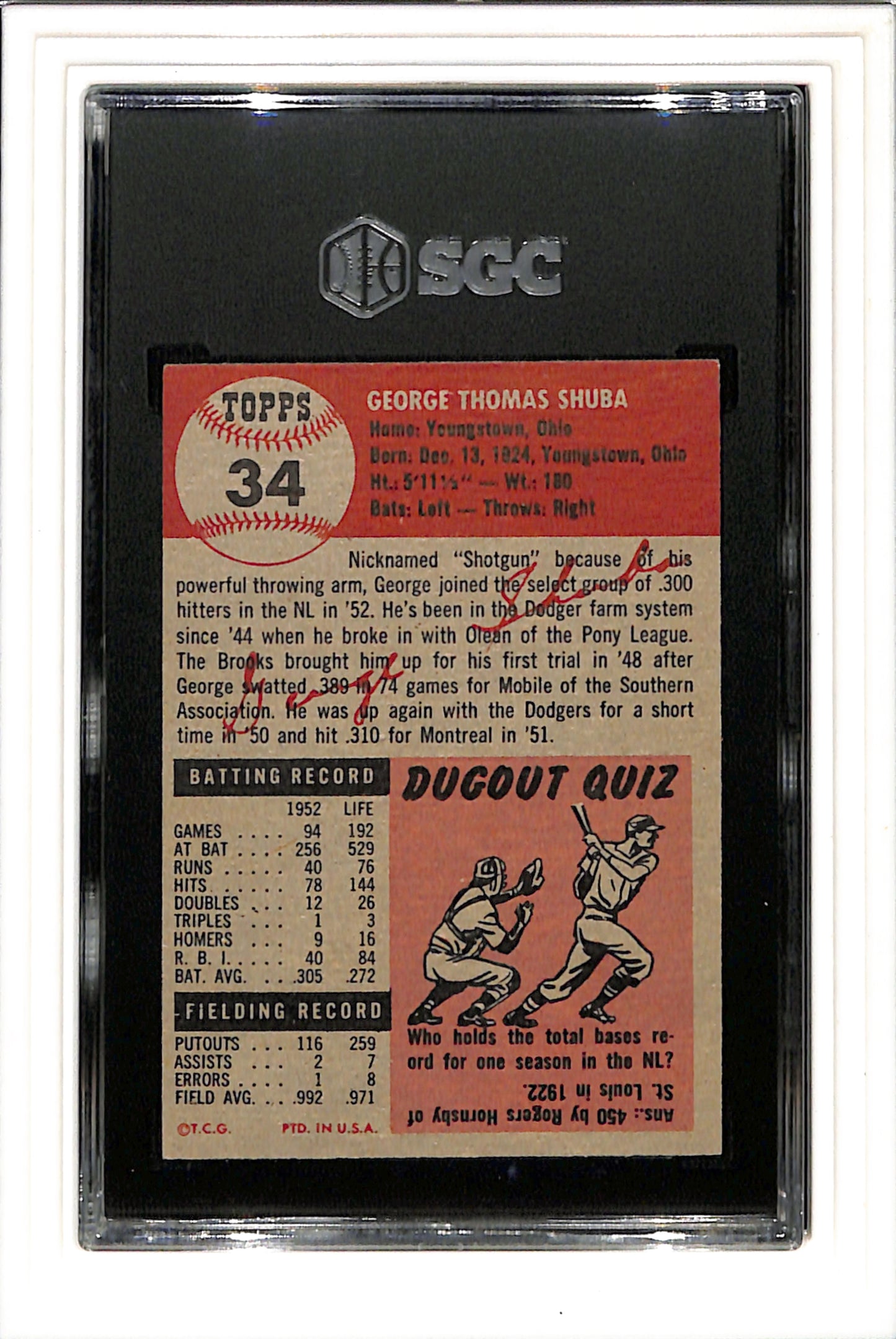 1953 Topps #34 George Shuba SGC 5.5 SN 4663936