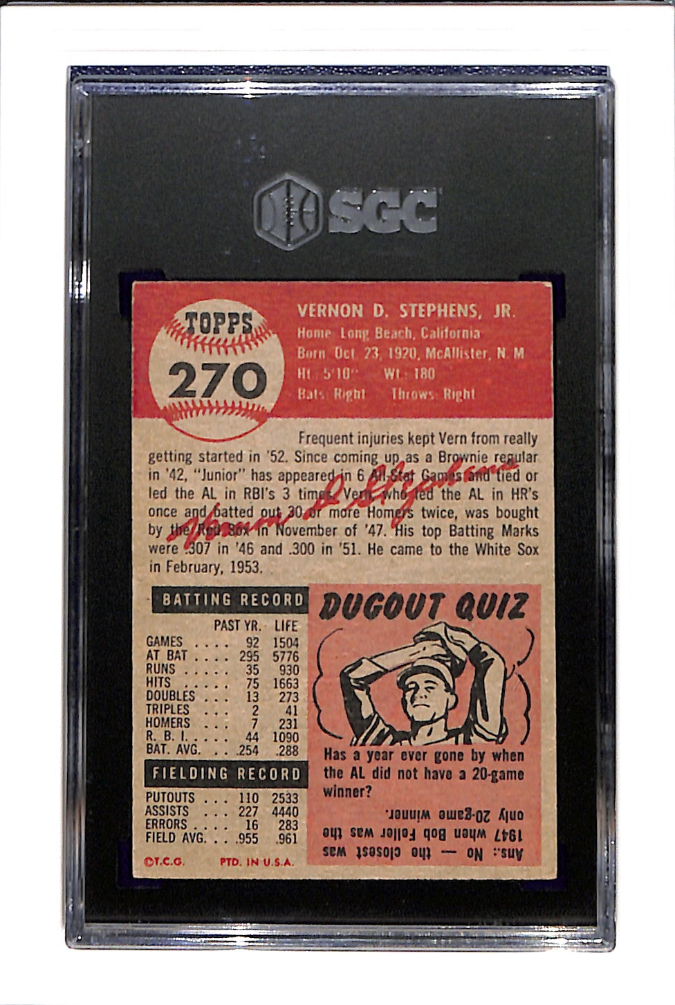 1953 Topps #270 Vern Stephens - Chicago White Sox SGC A