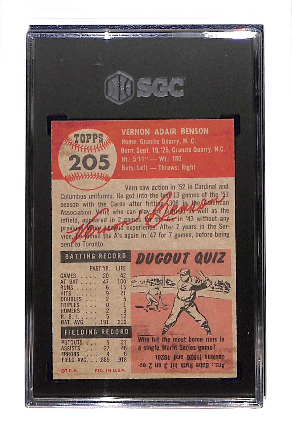 1953 Topps #205 Vern Benson - St. Louis Cardinals RC SGC 3.5