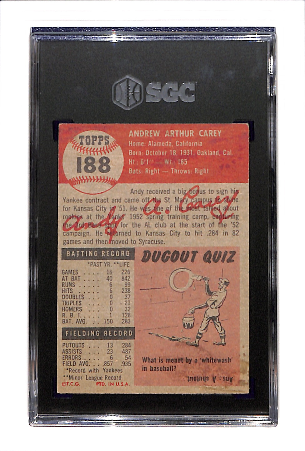 1953 Topps #188 Andy Carey - New York Yankees RC SGC 3.5