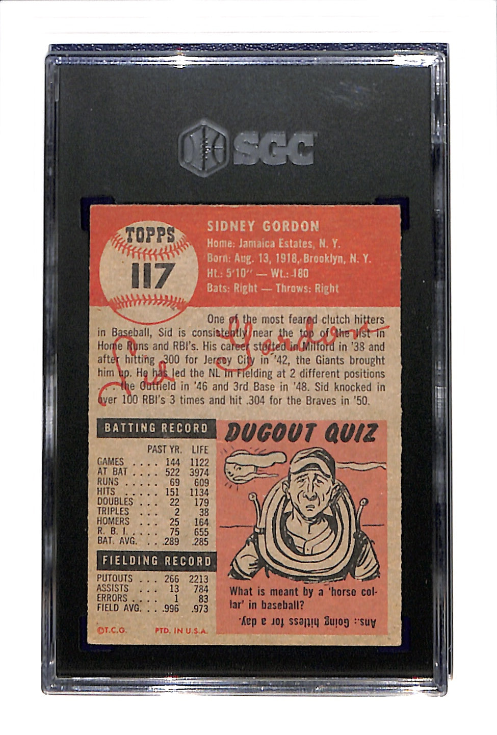 1953 Topps #117 Sid Gordon - Boston Braves DP SGC 3.5