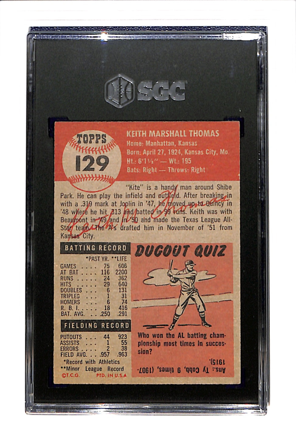 1953 Topps #129 Keith M. Thomas - Philadelphia Athletics RC SGC 6