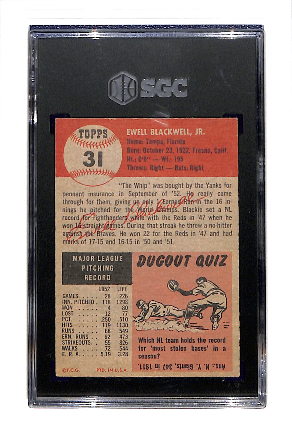 1953 Topps #31 Ewell Blackwell - New York Yankees SGC 6.5