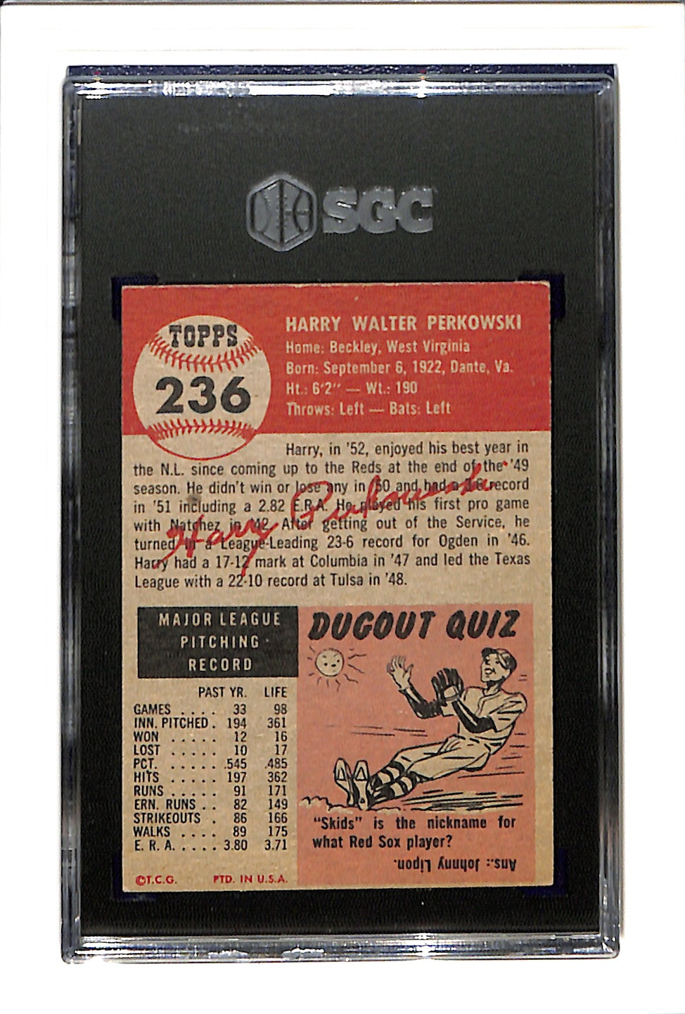1953 Topps #236 Harry Perkowski - Cincinnati Reds SGC 4.5 HI #