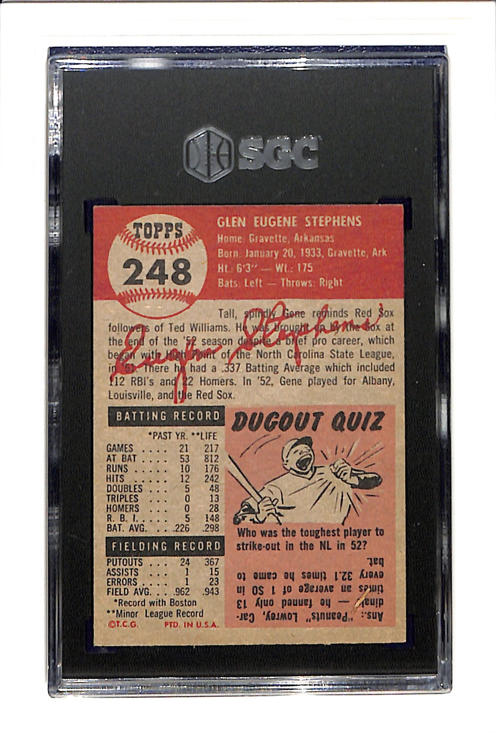1953 Topps #248 Gene Stephens - Boston Red Sox RC SGC 3.5 HI #
