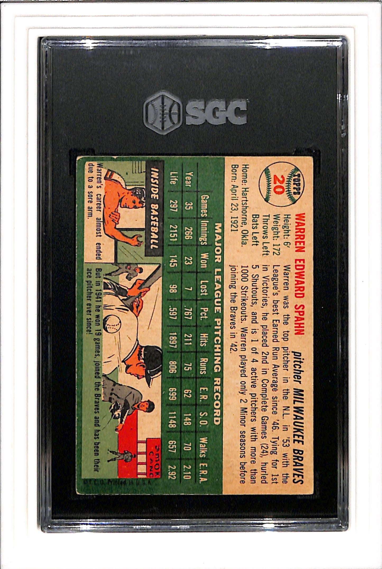 1954 Topps #20 Warren Spahn SGC 4.5 SN 3894483