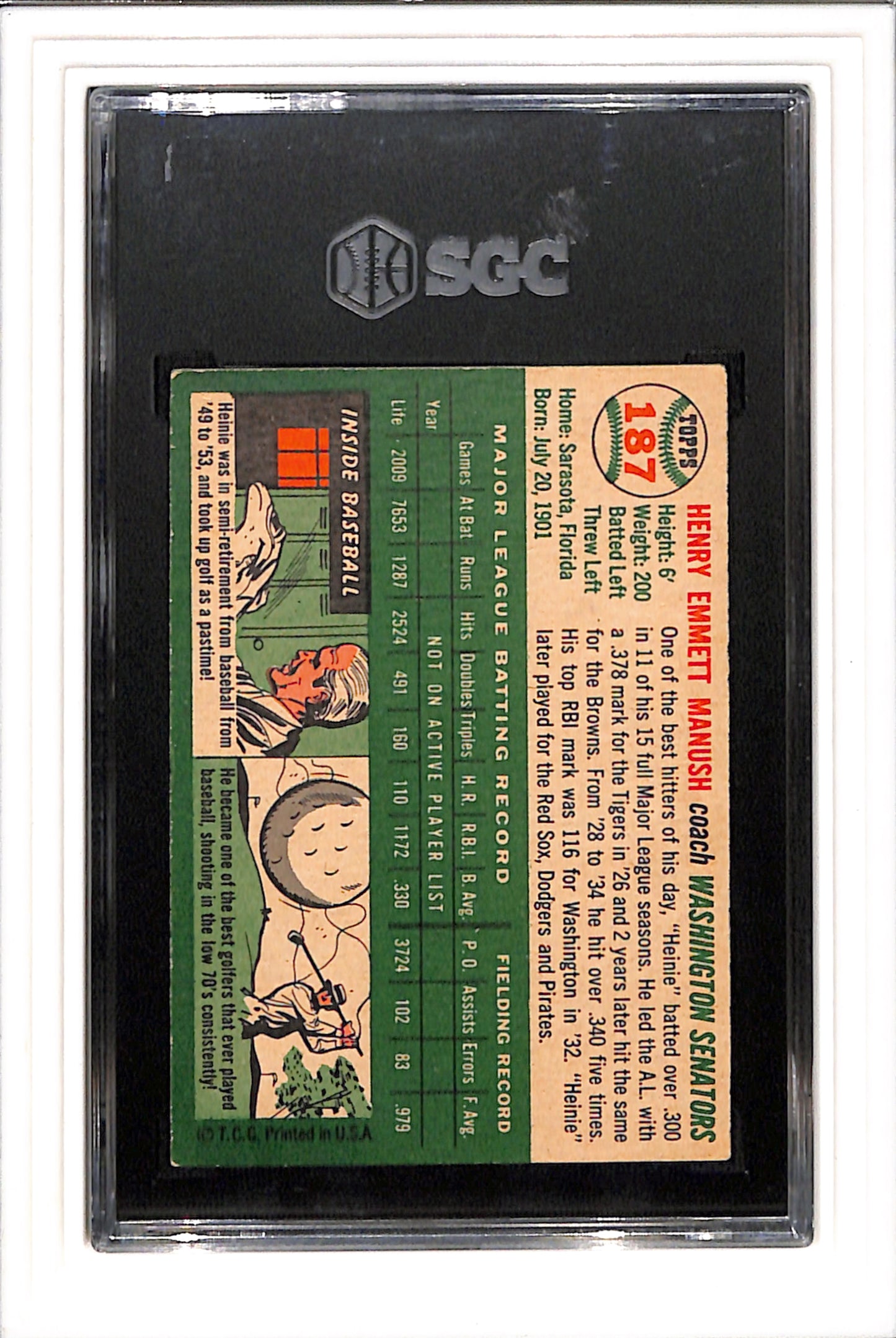 1954 Topps #187 Heinie Manush SGC 4 SN 3595949
