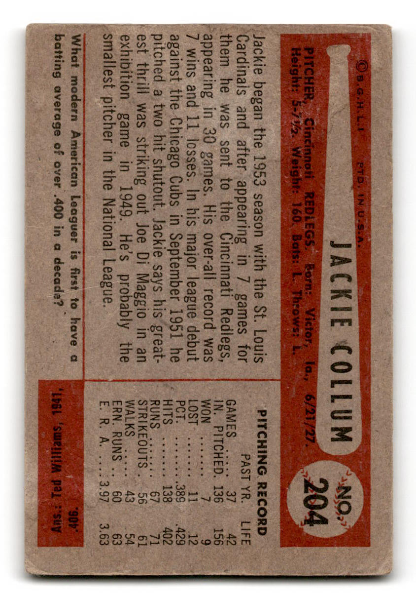 1954 Bowman Baseball #204 Jackie Collum VG