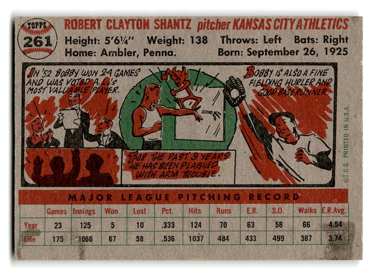 1956 Topps #261 Bobby Shantz WB EX #3