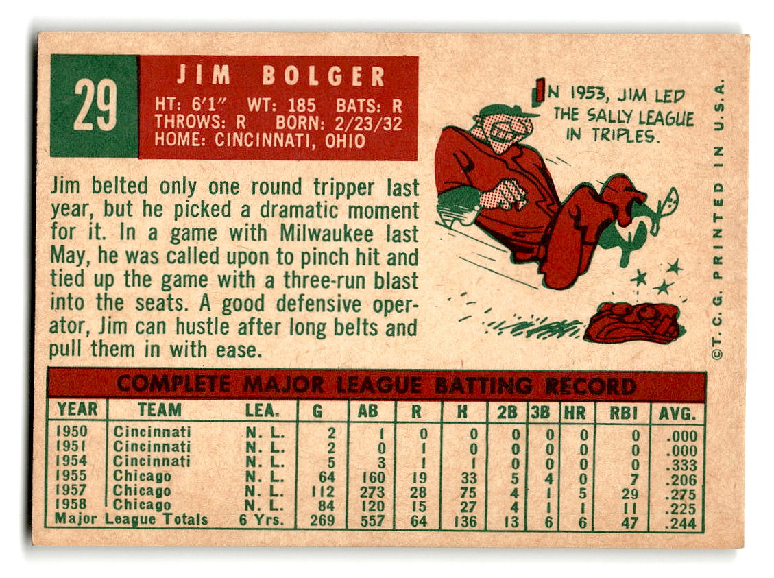 1959 Topps #29 Jim Bolger Chicago Cubs EX
