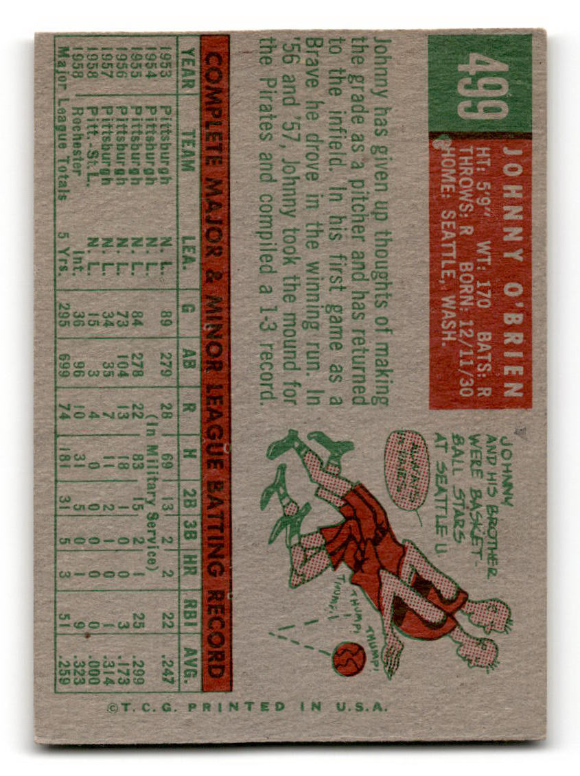 1959 Topps #499 Johnny O'Brien Milwaukee Braves VGEX