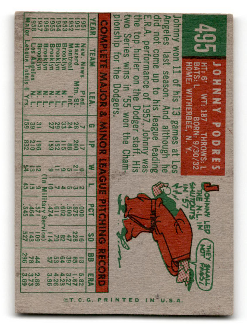 1959 Topps #495 Johnny Podres Los Angeles Dodgers VGEX