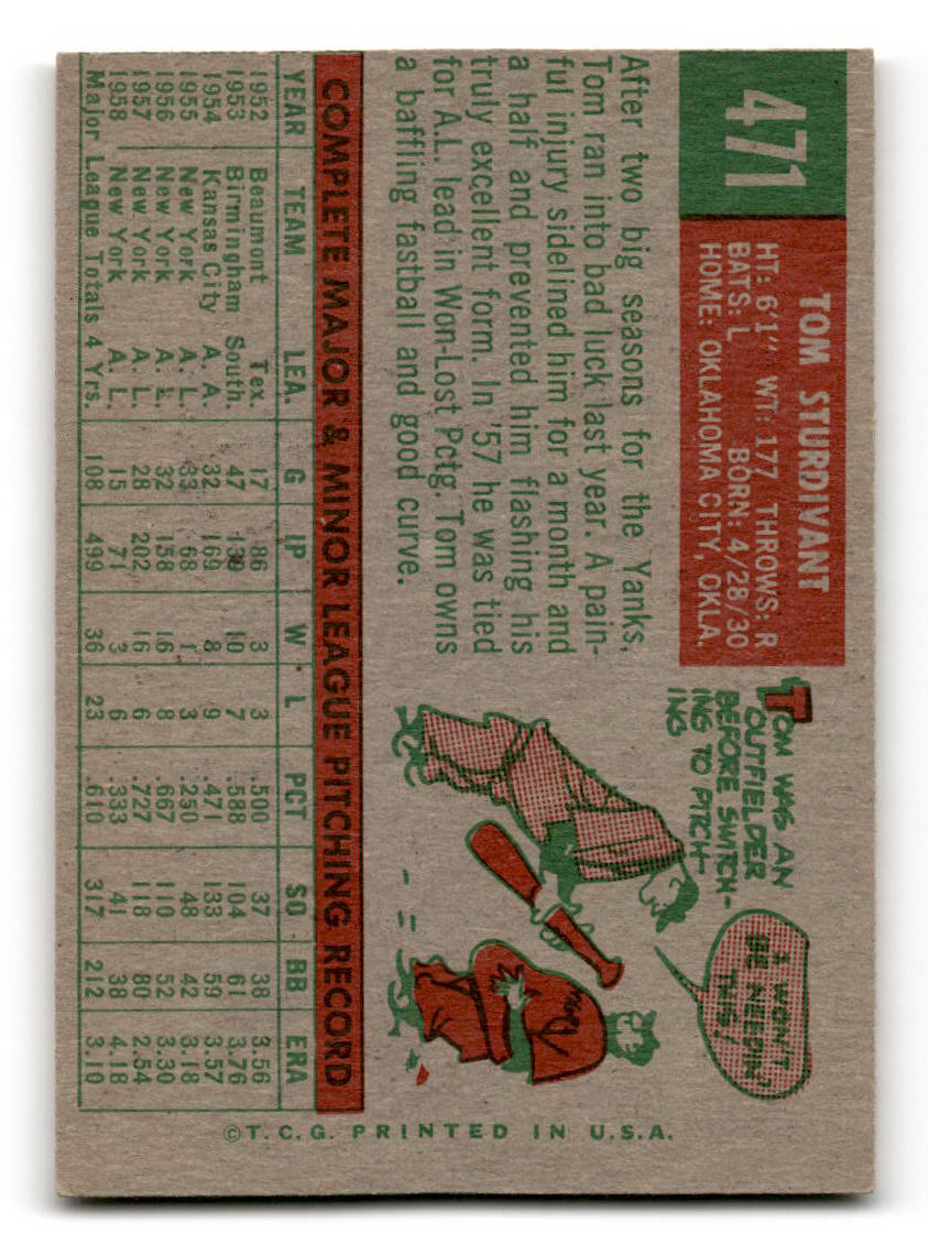 1959 Topps #471 Tom Sturdivant New York Yankees EXMT