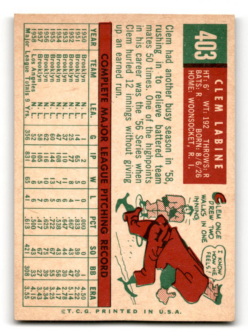 1959 Topps #403 Clem Labine Los Angeles Dodgers EX