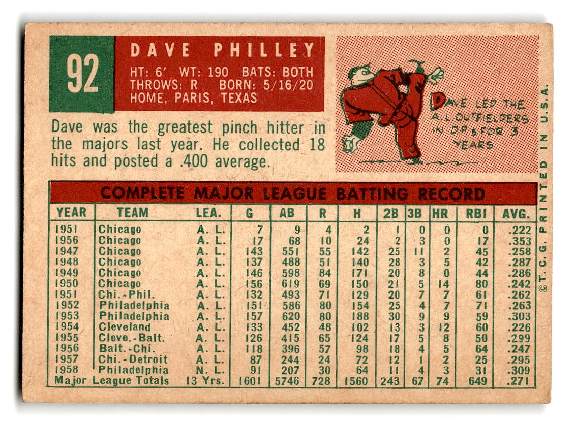 1959 Topps #92 Dave Philley Philadelphia Phillies VG