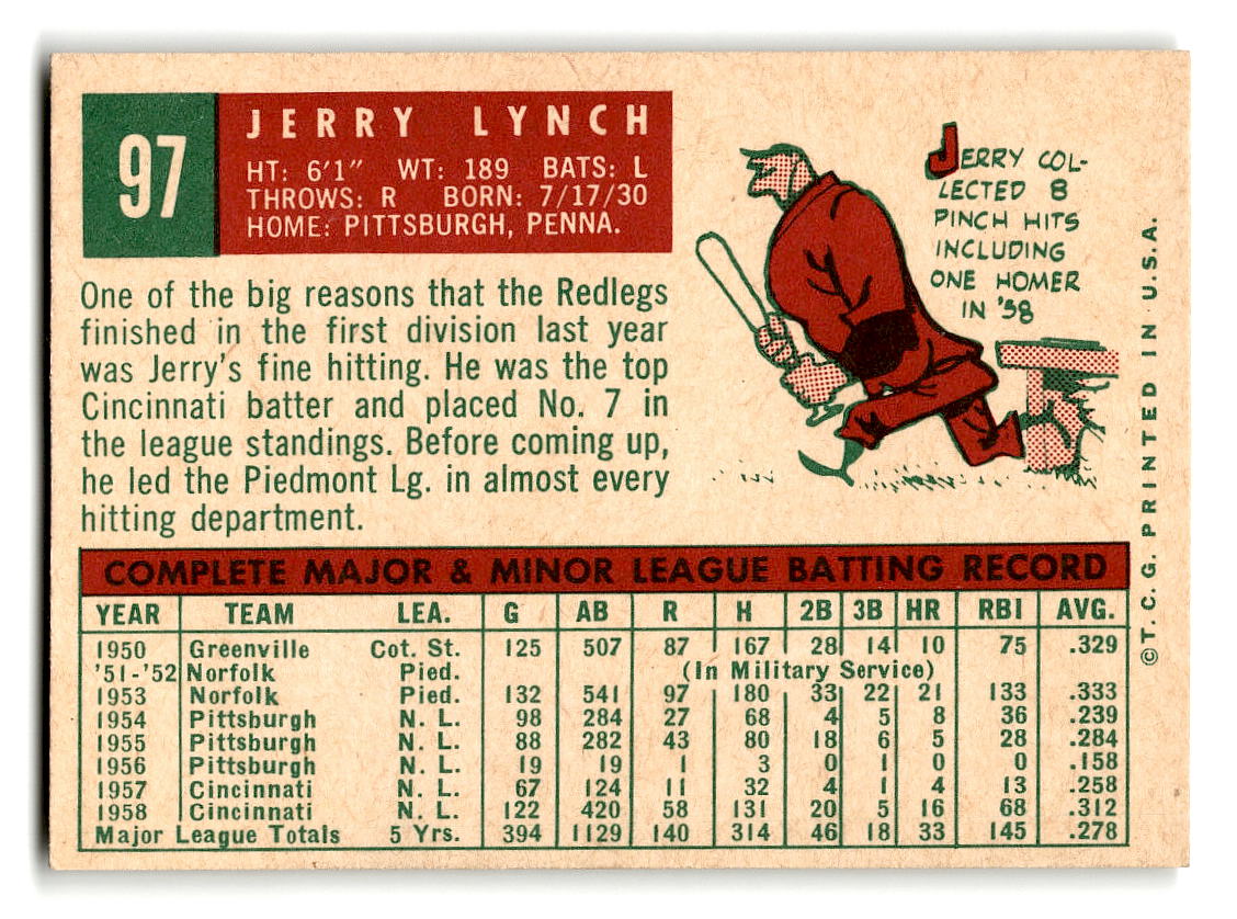 1959 Topps #97 Jerry Lynch Cincinnati Reds EX