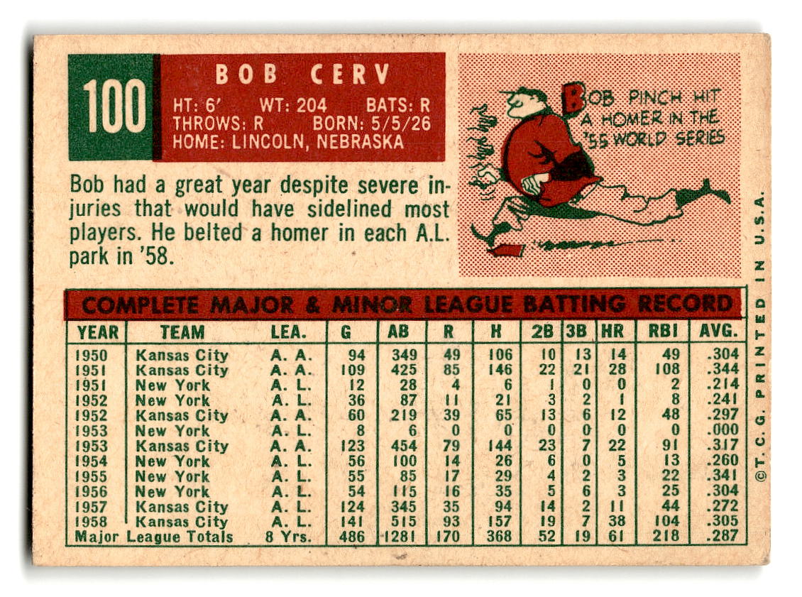1959 Topps #100 Bob Cerv Kansas City Athletics VGEX