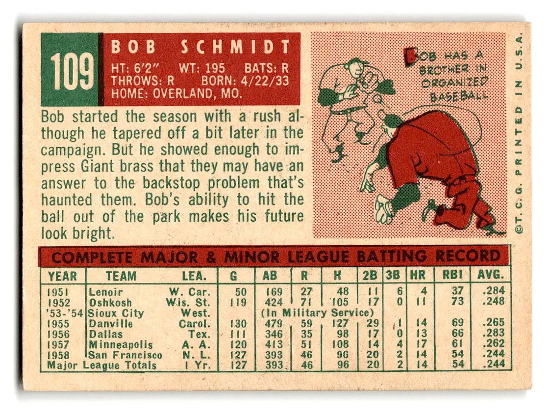 1959 Topps #109 Bob Schmidt San Francisco Giants EX